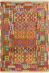 Flat Weave Kilim Antique Navaho Vintage handmade Geometric Kilim Red Green Hand-Woven Rectangle 100% Wool Area Rug 7x10